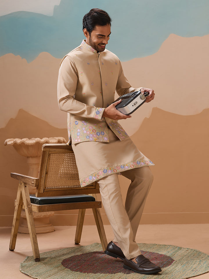 Men's Beige Kurta-Koti Set in Viscose Silk with Multi-Thread & Sequence Embroidery – Perfect Occasion Wear