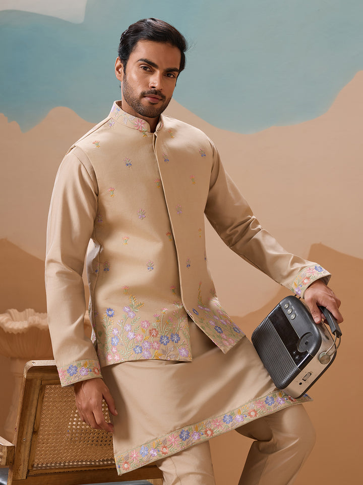 Men's Beige Kurta-Koti Set in Viscose Silk with Multi-Thread & Sequence Embroidery – Perfect Occasion Wear