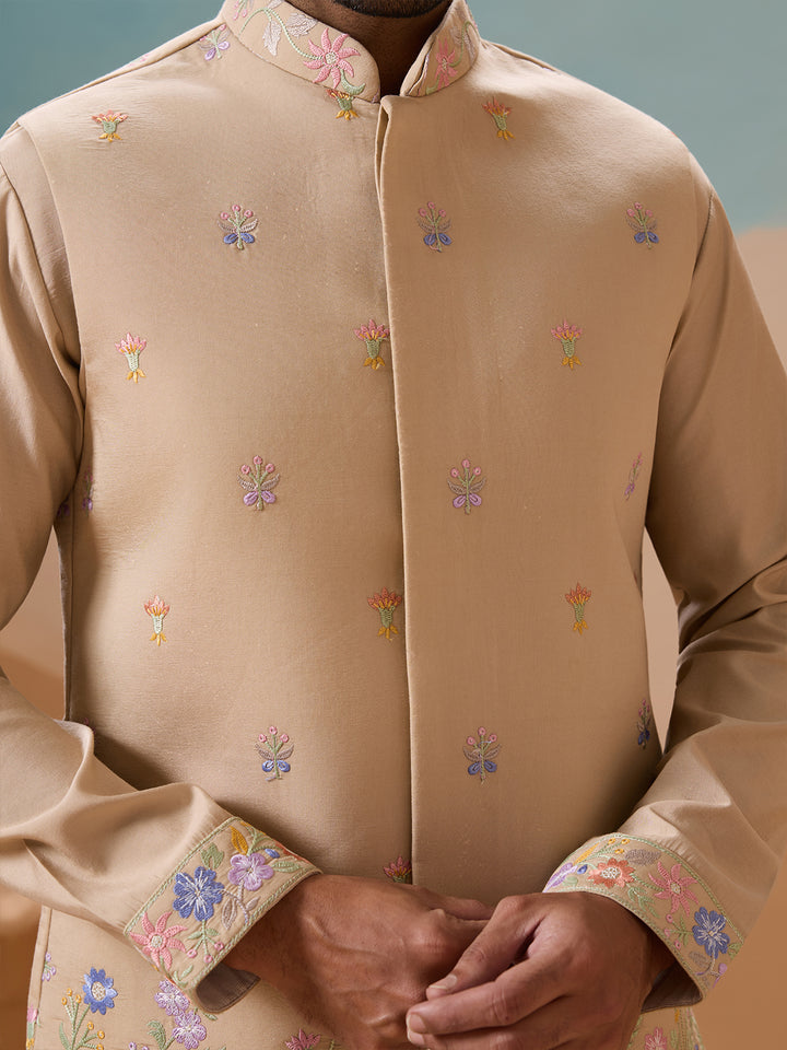 Men's Beige Kurta-Koti Set in Viscose Silk with Multi-Thread & Sequence Embroidery – Perfect Occasion Wear