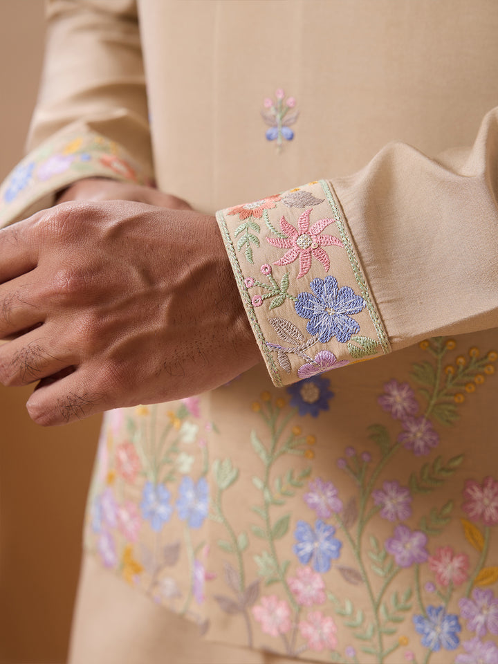 Men's Beige Kurta-Koti Set in Viscose Silk with Multi-Thread & Sequence Embroidery – Perfect Occasion Wear