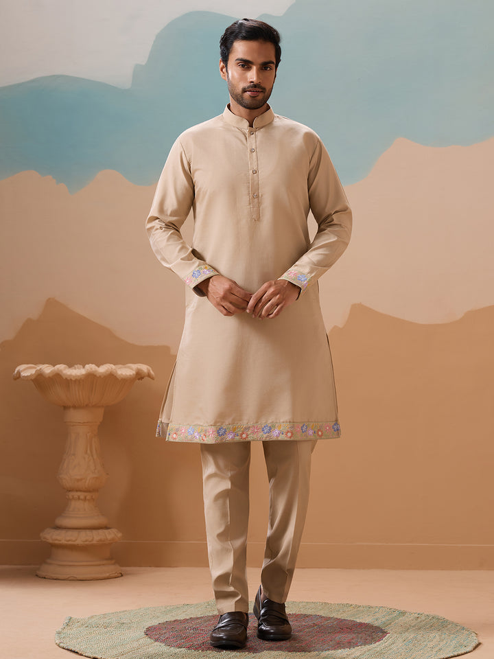 Men's Beige Kurta-Koti Set in Viscose Silk with Multi-Thread & Sequence Embroidery – Perfect Occasion Wear