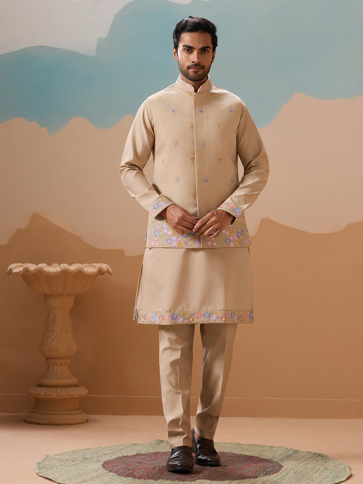 Men's Beige Kurta-Koti Set in Viscose Silk with Multi-Thread & Sequence Embroidery – Perfect Occasion Wear