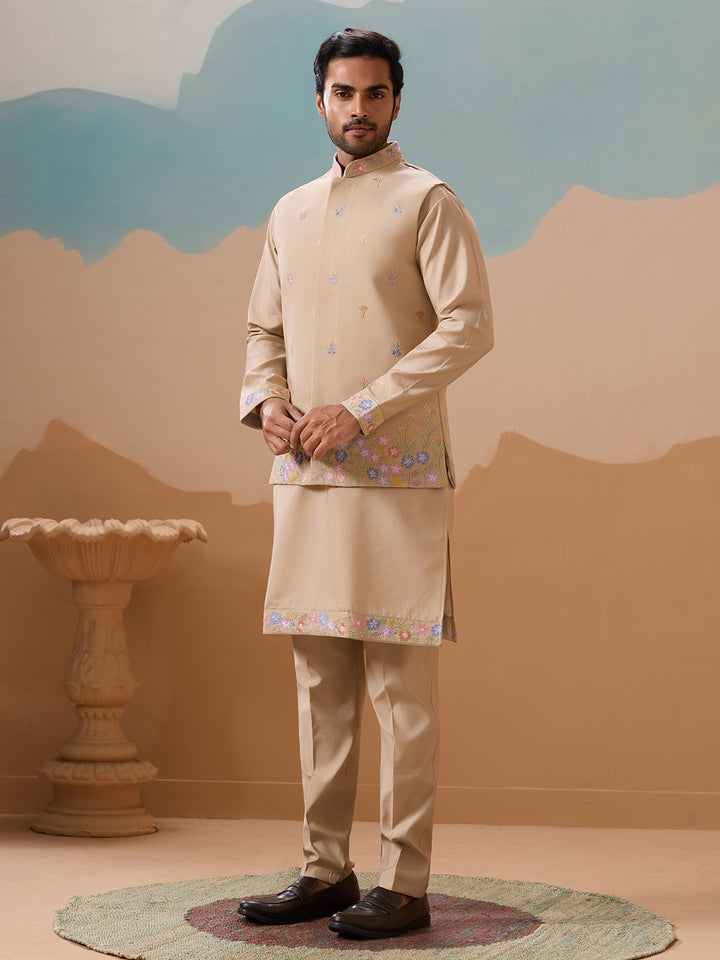 Men's Beige Kurta-Koti Set in Viscose Silk with Multi-Thread & Sequence Embroidery – Perfect Occasion Wear