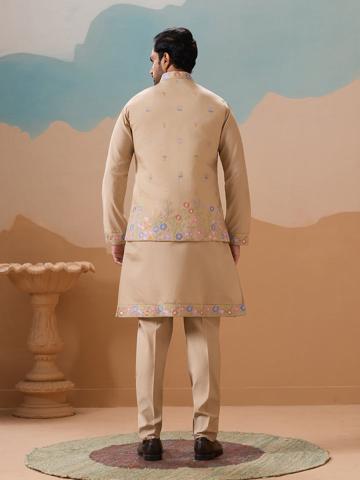 Men's Beige Kurta-Koti Set in Viscose Silk with Multi-Thread & Sequence Embroidery – Perfect Occasion Wear