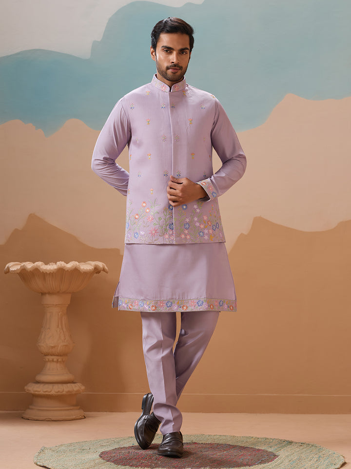 Lavender Viscose Silk Kurta Koti Set for Men | Multi-Thread Sequence Embroidered Wedding & Festive Wear