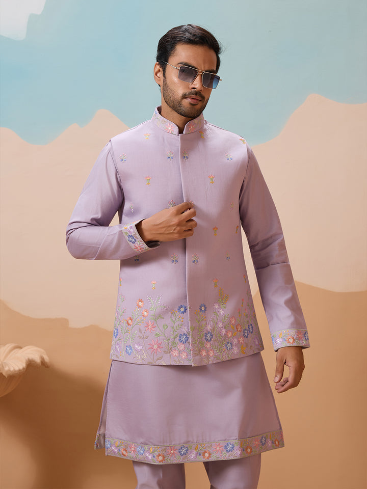 Lavender Viscose Silk Kurta Koti Set for Men | Multi-Thread Sequence Embroidered Wedding & Festive Wear