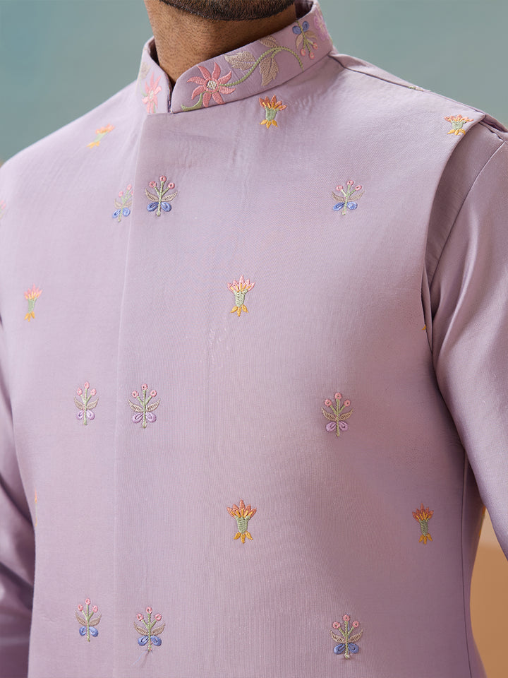 Lavender Viscose Silk Kurta Koti Set for Men | Multi-Thread Sequence Embroidered Wedding & Festive Wear