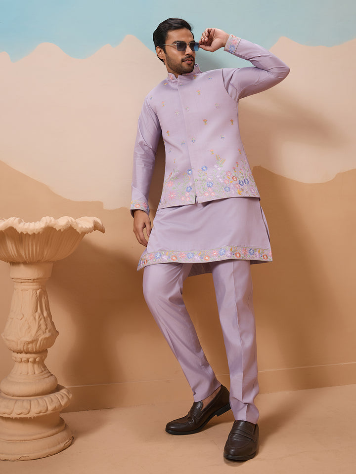 Lavender Viscose Silk Kurta Koti Set for Men | Multi-Thread Sequence Embroidered Wedding & Festive Wear