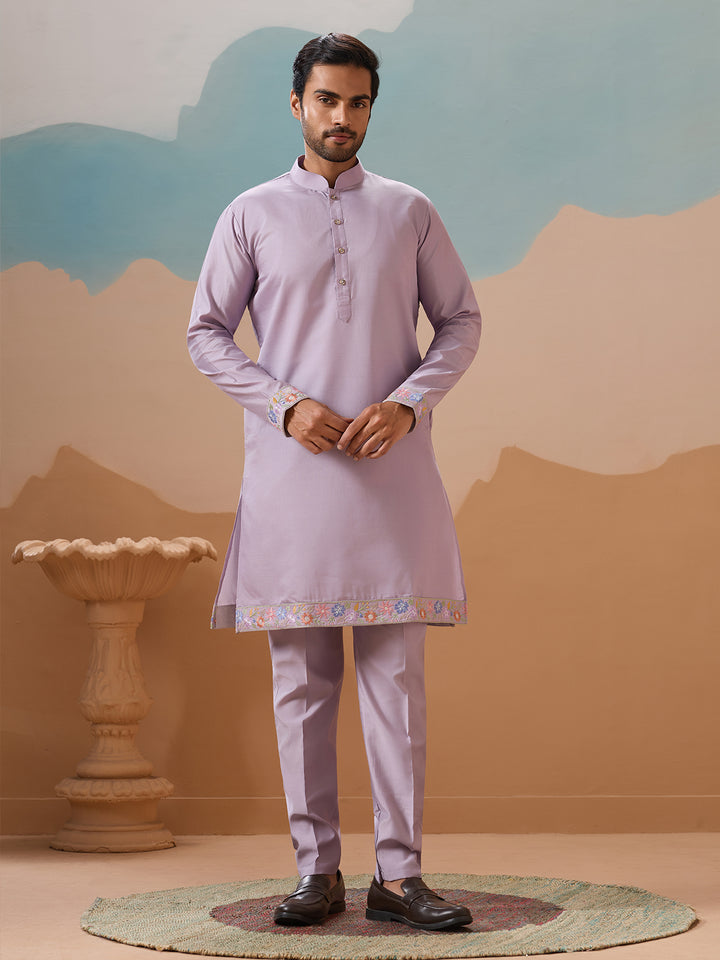 Lavender Viscose Silk Kurta Koti Set for Men | Multi-Thread Sequence Embroidered Wedding & Festive Wear