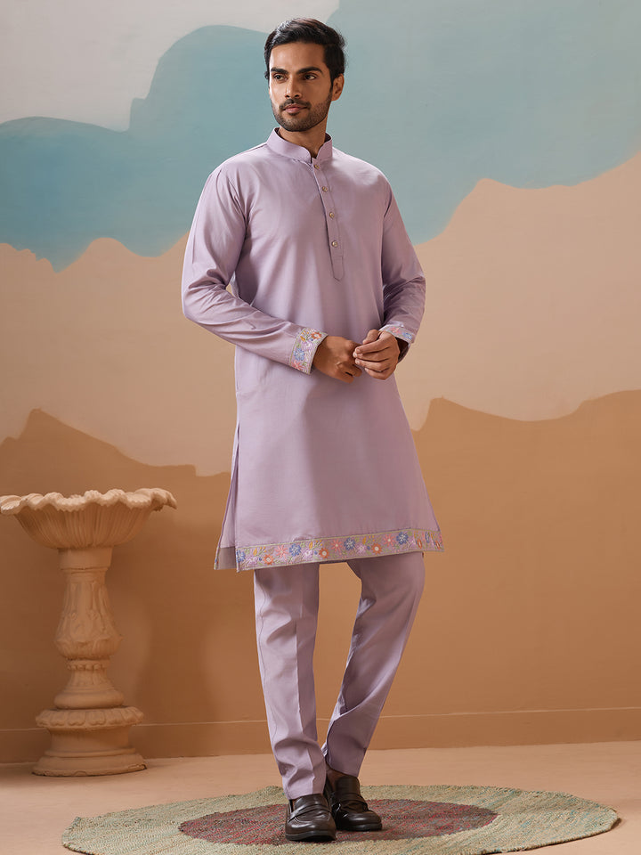 Lavender Viscose Silk Kurta Koti Set for Men | Multi-Thread Sequence Embroidered Wedding & Festive Wear