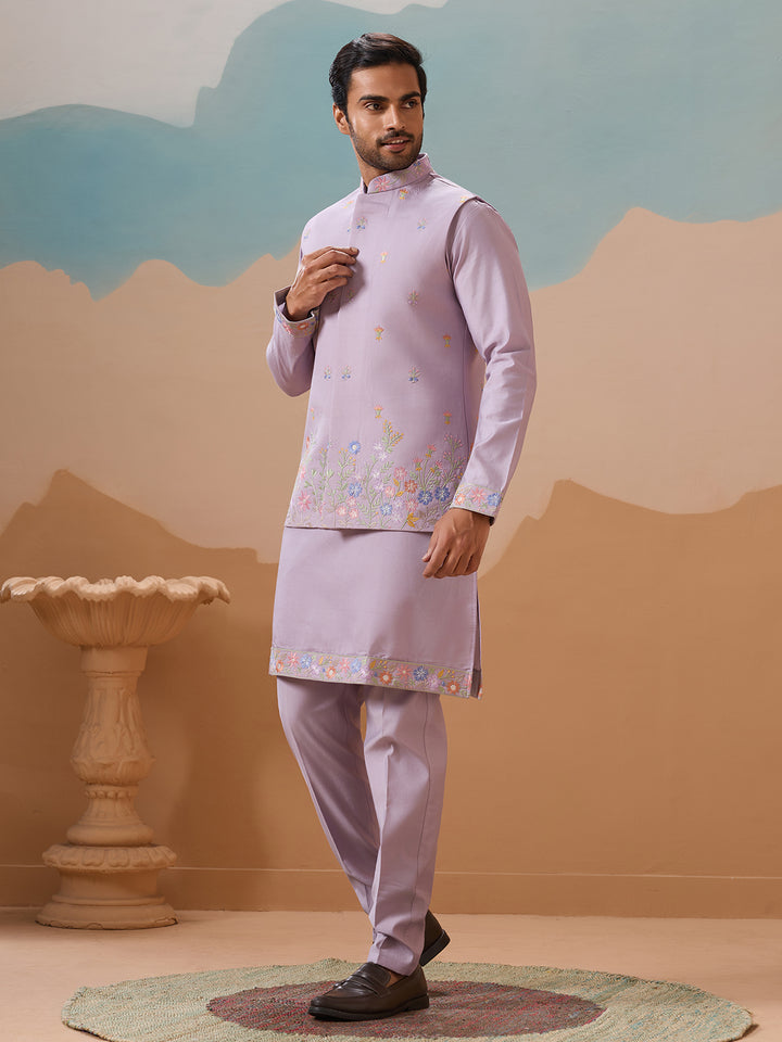 Lavender Viscose Silk Kurta Koti Set for Men | Multi-Thread Sequence Embroidered Wedding & Festive Wear