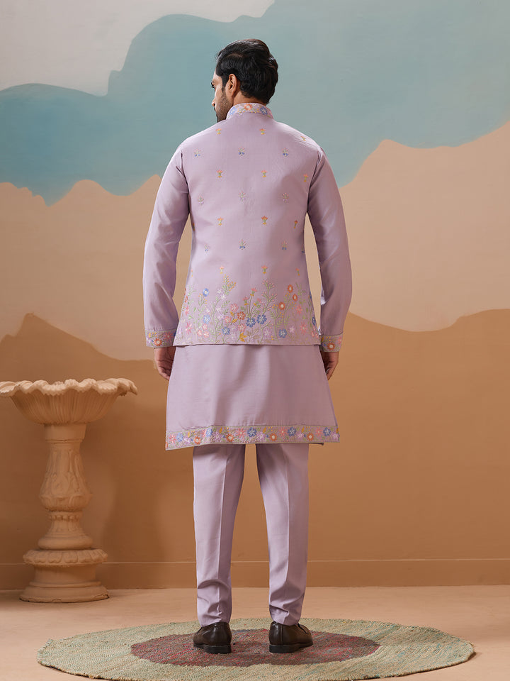 Lavender Viscose Silk Kurta Koti Set for Men | Multi-Thread Sequence Embroidered Wedding & Festive Wear