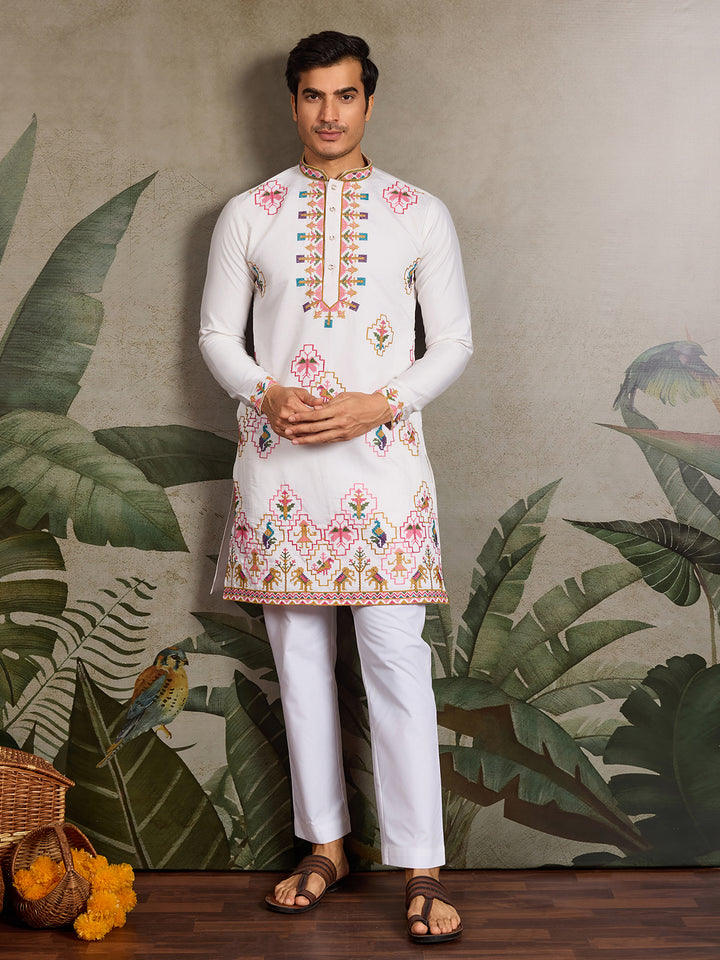 White Viscose Silk Kurta for Men – Thread & Sequin Embroidery | Navratri Festival Ethnic Wear