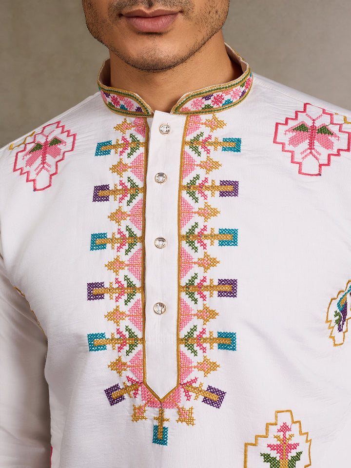 White Viscose Silk Kurta for Men – Thread & Sequin Embroidery | Navratri Festival Ethnic Wear