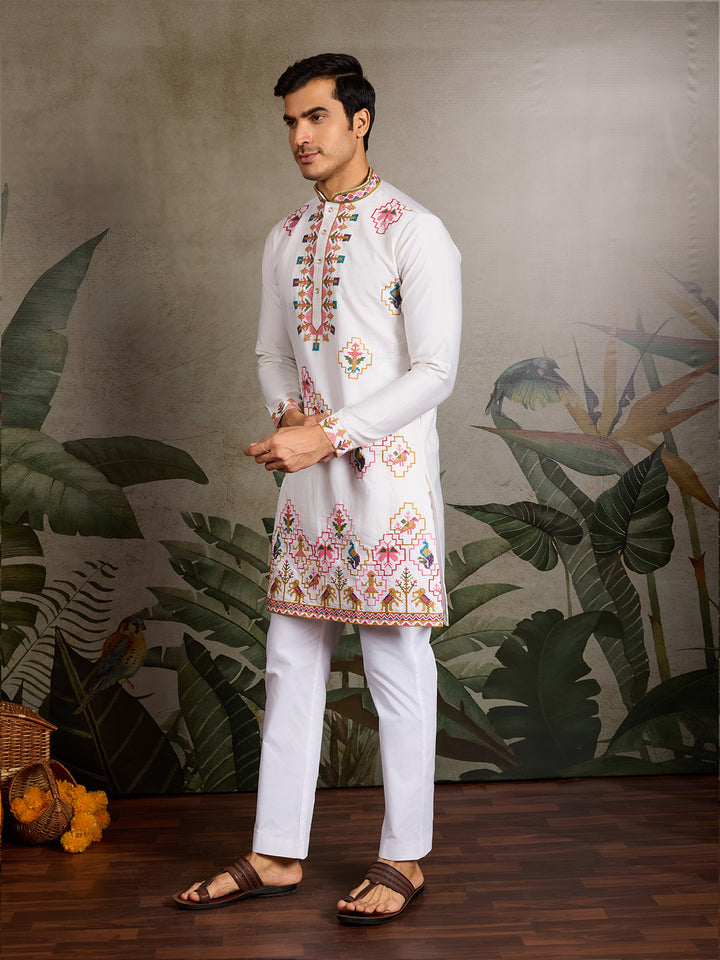 White Viscose Silk Kurta for Men – Thread & Sequin Embroidery | Navratri Festival Ethnic Wear