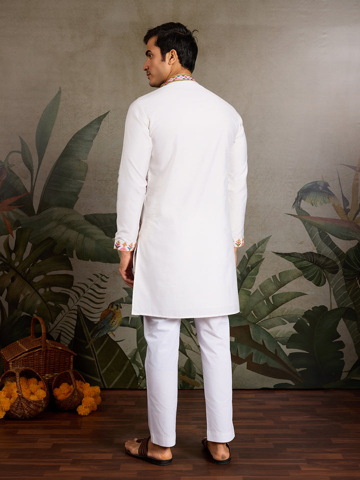 White Viscose Silk Kurta for Men – Thread & Sequin Embroidery | Navratri Festival Ethnic Wear