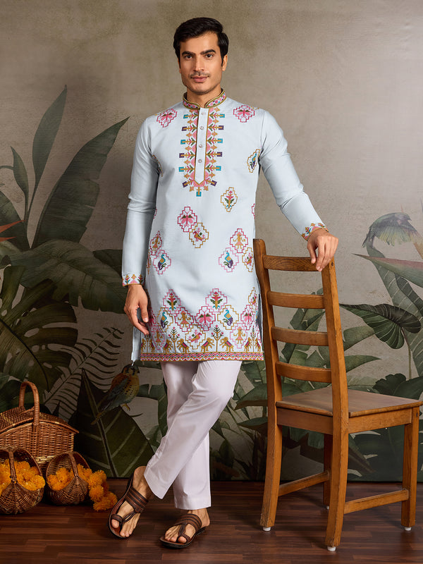 Sky Blue Viscose Silk Kurta with Thread & Sequin Embroidery