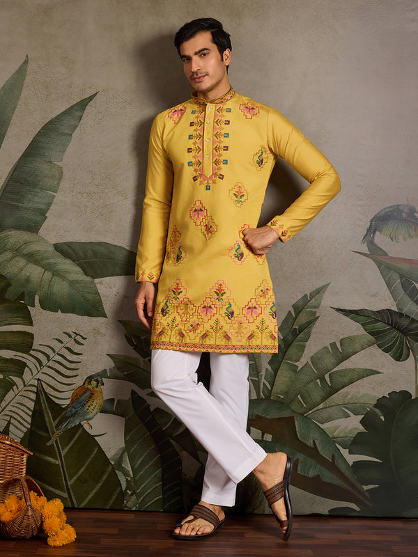 Yellow Viscose Silk Kurta with Thread & Sequin Embroidery – Men’s Navratri & Festive Wear
