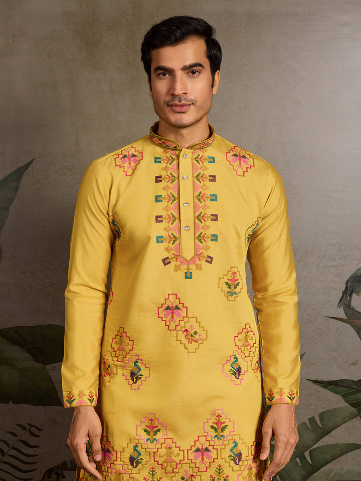 Yellow Viscose Silk Kurta with Thread & Sequin Embroidery – Men’s Navratri & Festive Wear