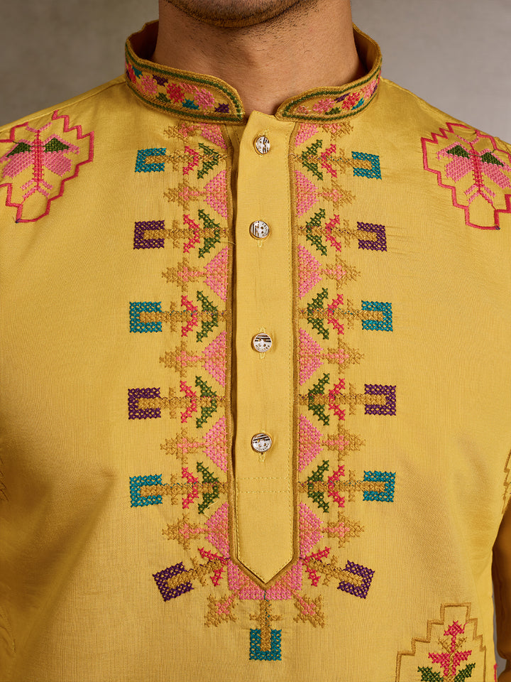 Yellow Viscose Silk Kurta with Thread & Sequin Embroidery – Men’s Navratri & Festive Wear