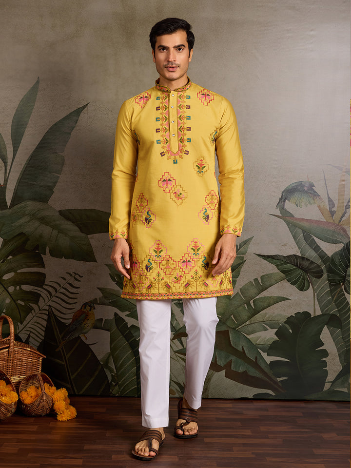 Yellow Viscose Silk Kurta with Thread & Sequin Embroidery – Men’s Navratri & Festive Wear