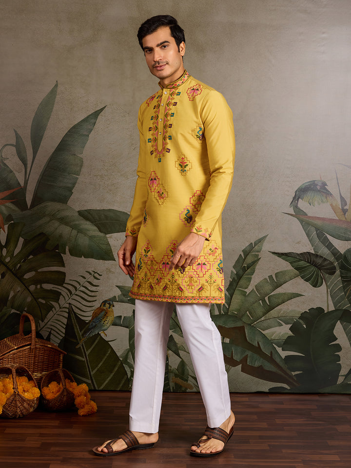 Yellow Viscose Silk Kurta with Thread & Sequin Embroidery – Men’s Navratri & Festive Wear