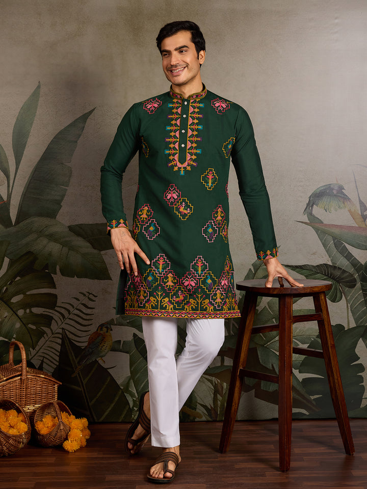 Green Viscose Silk Men's Kurta with Thread & Sequin Embroidery – Navratri Festival Wear