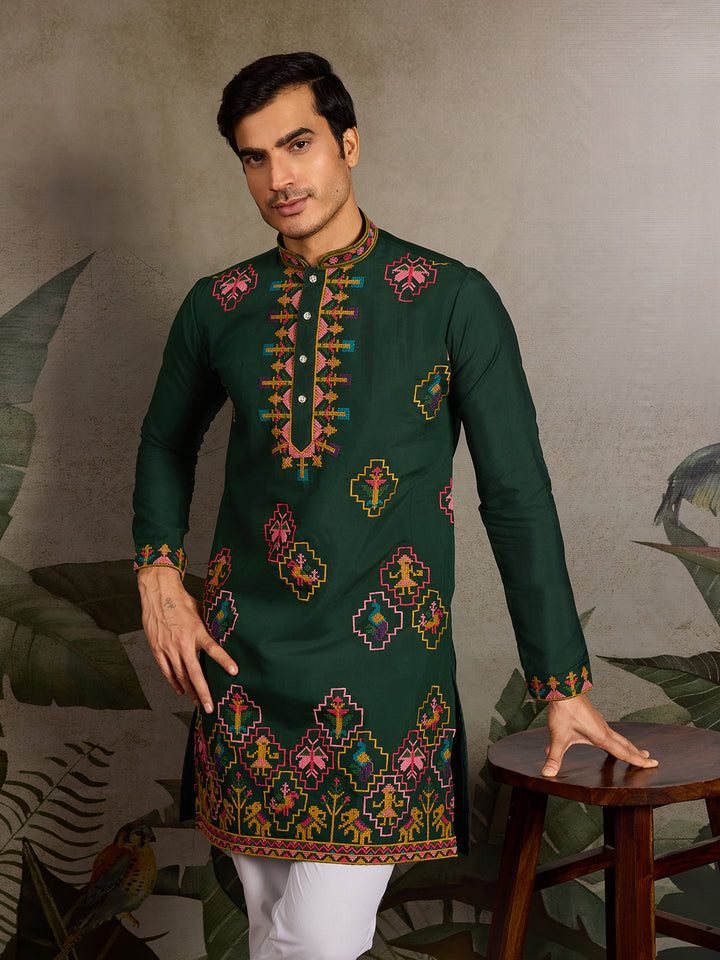 Green Viscose Silk Men's Kurta with Thread & Sequin Embroidery – Navratri Festival Wear