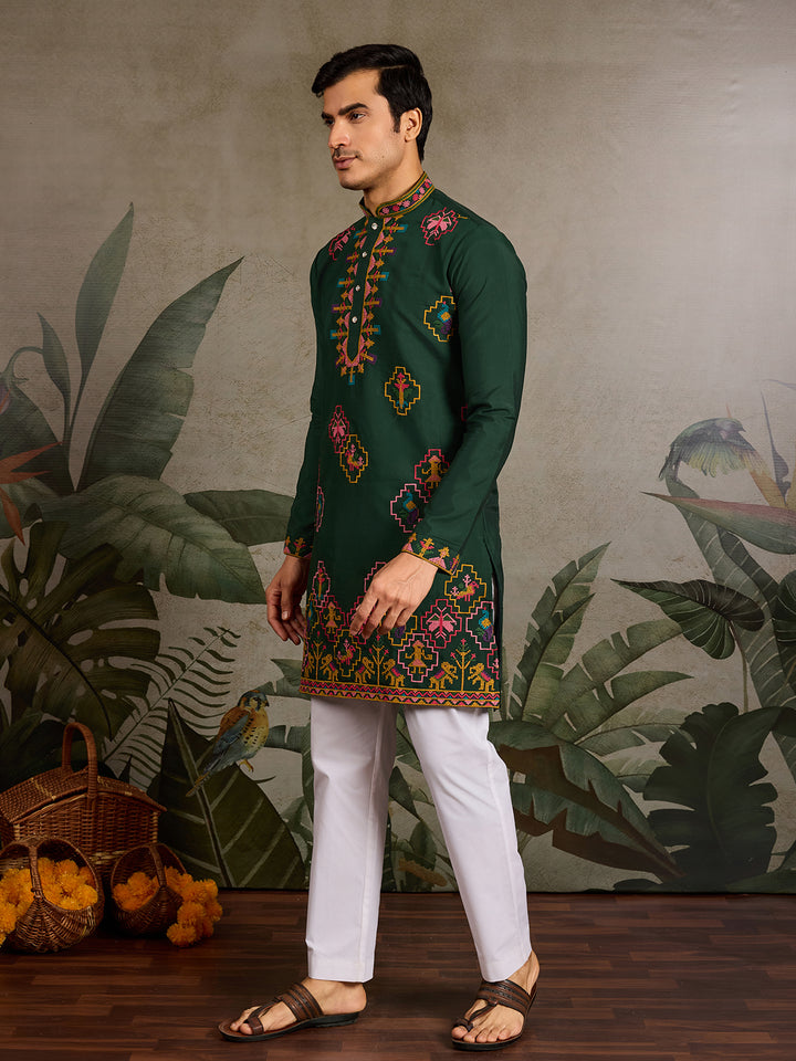 Green Viscose Silk Men's Kurta with Thread & Sequin Embroidery – Navratri Festival Wear