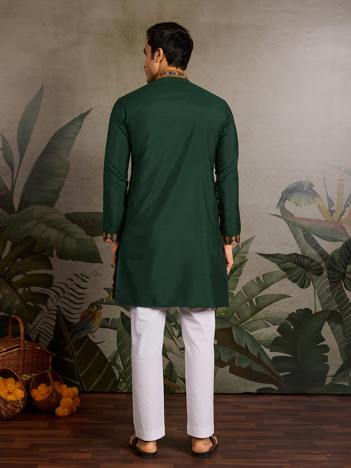 Green Viscose Silk Men's Kurta with Thread & Sequin Embroidery – Navratri Festival Wear