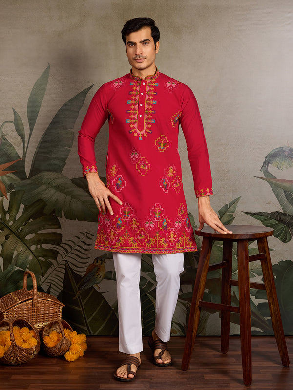 Red Viscose Silk Kurta with Thread & Sequin Embroidery – Men’s Navratri Occasion Wear