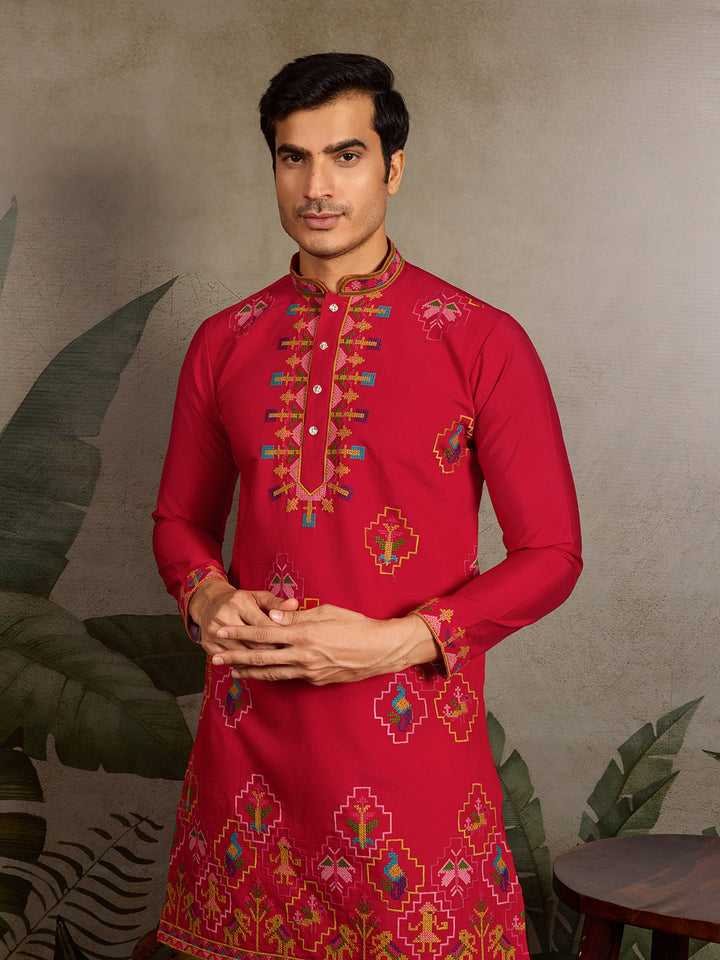 Red Viscose Silk Kurta with Thread & Sequin Embroidery – Men’s Navratri Occasion Wear