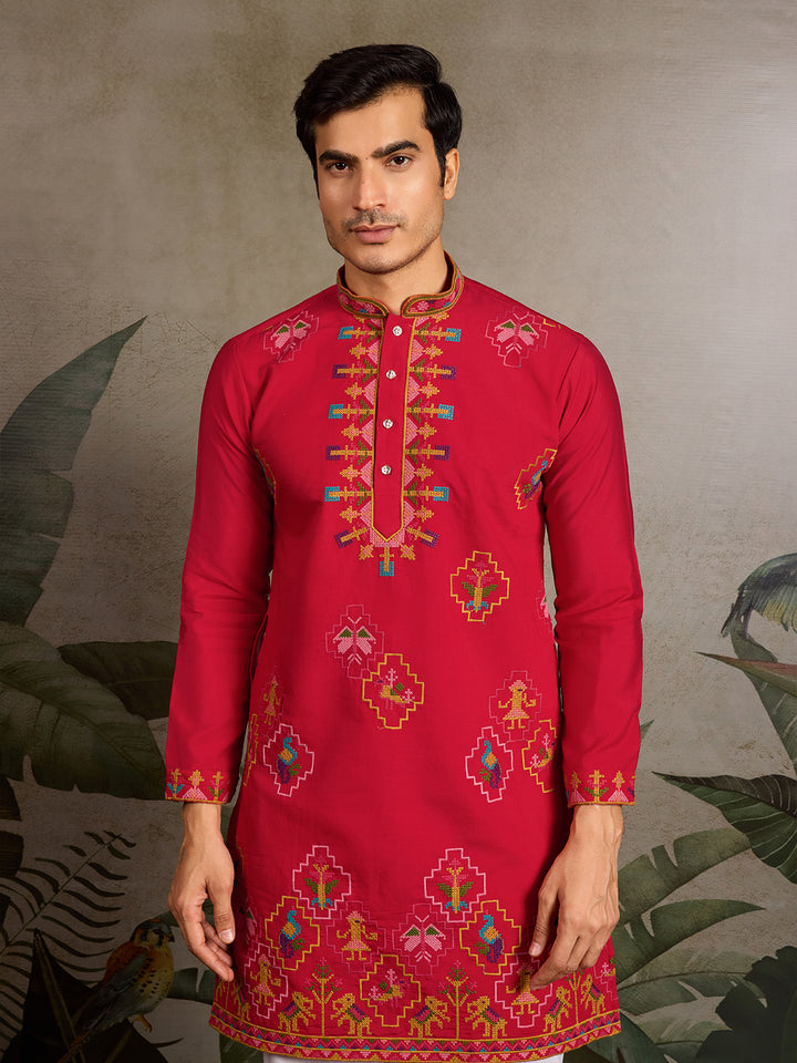 Red Viscose Silk Kurta with Thread & Sequin Embroidery – Men’s Navratri Occasion Wear