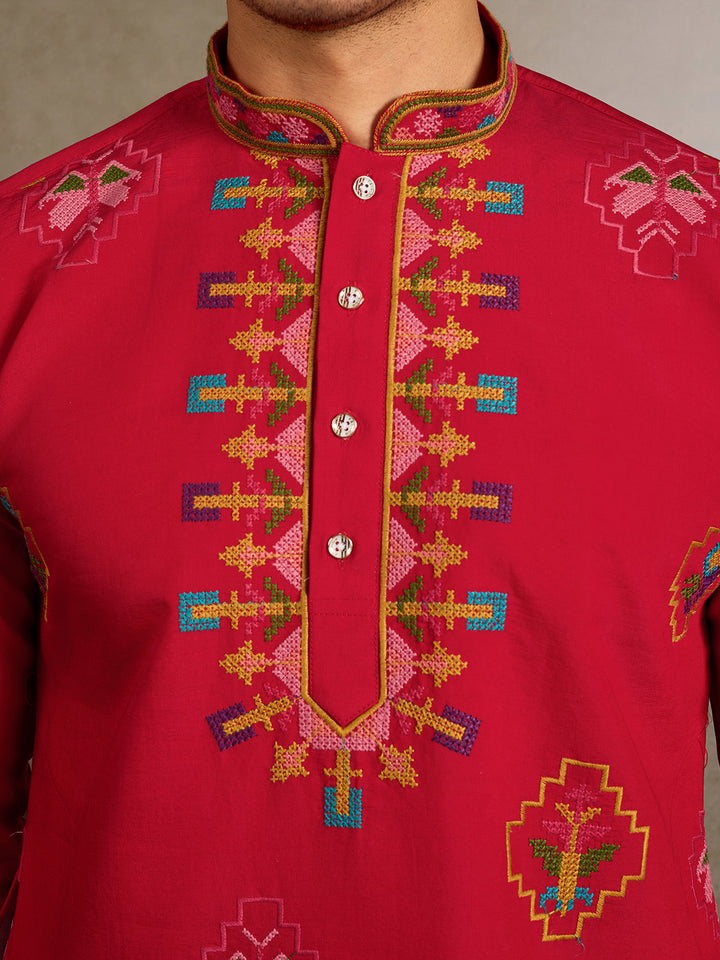 Red Viscose Silk Kurta with Thread & Sequin Embroidery – Men’s Navratri Occasion Wear