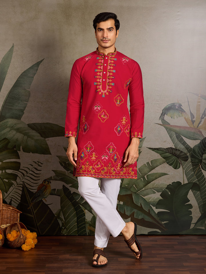 Red Viscose Silk Kurta with Thread & Sequin Embroidery – Men’s Navratri Occasion Wear