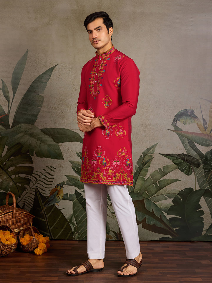 Red Viscose Silk Kurta with Thread & Sequin Embroidery – Men’s Navratri Occasion Wear