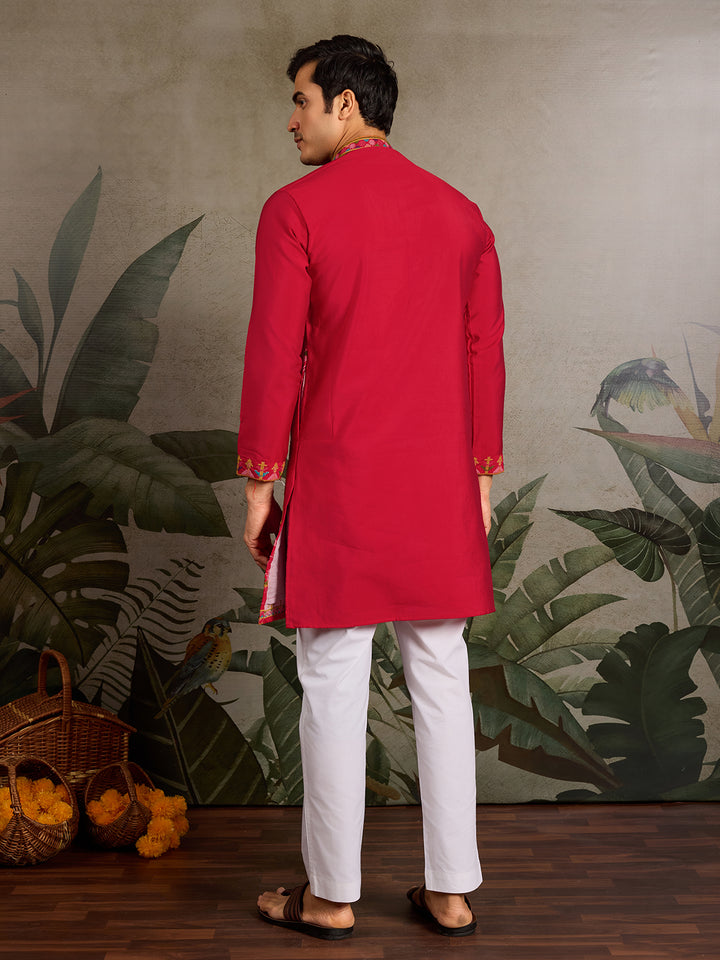 Red Viscose Silk Kurta with Thread & Sequin Embroidery – Men’s Navratri Occasion Wear