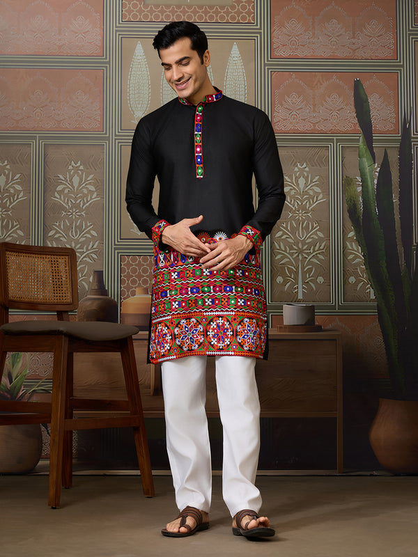 lack Cotton Silk Kurta for Men with Multi-Thread & Mirror Work – Festive & Wedding Wear