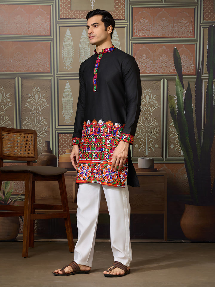 lack Cotton Silk Kurta for Men with Multi-Thread & Mirror Work – Festive & Wedding Wear