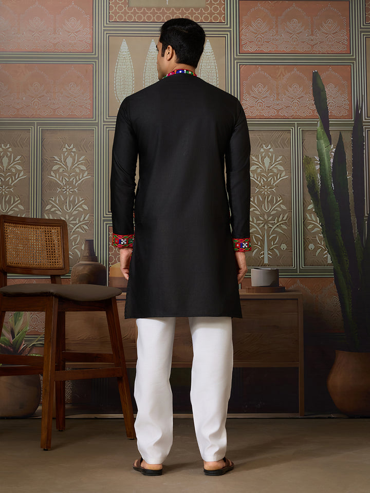 lack Cotton Silk Kurta for Men with Multi-Thread & Mirror Work – Festive & Wedding Wear