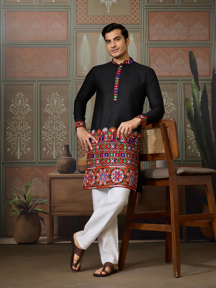 lack Cotton Silk Kurta for Men with Multi-Thread & Mirror Work – Festive & Wedding Wear