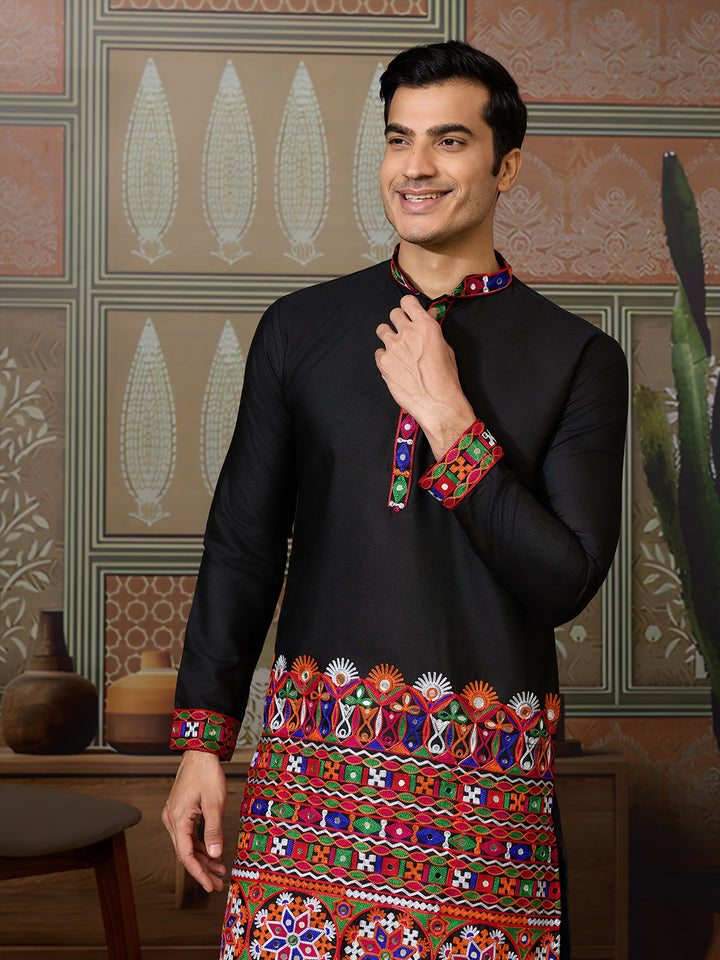 lack Cotton Silk Kurta for Men with Multi-Thread & Mirror Work – Festive & Wedding Wear