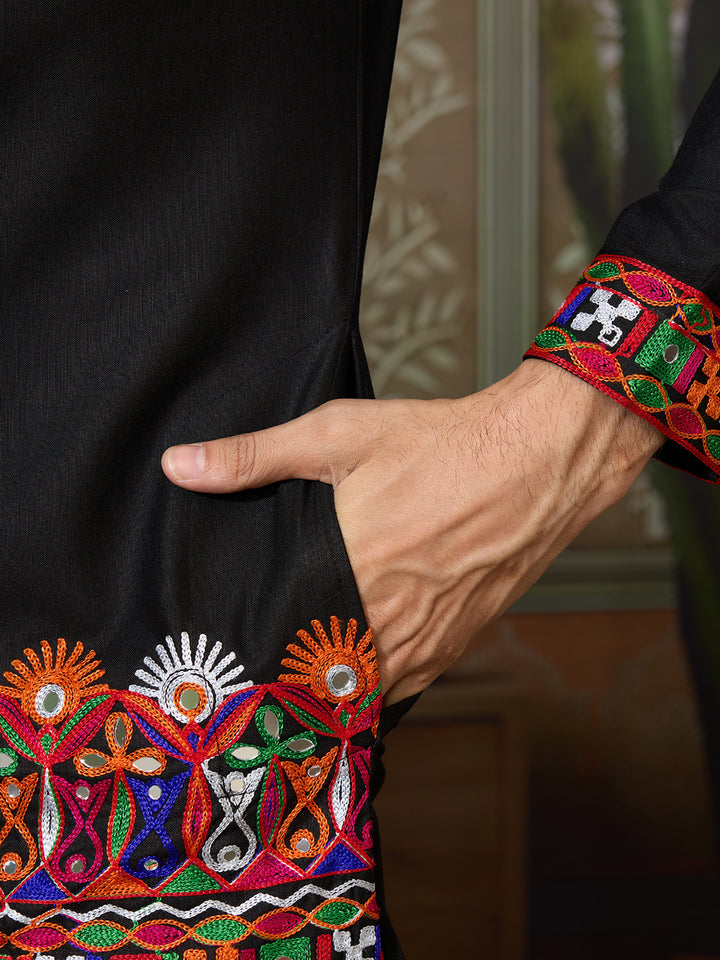 lack Cotton Silk Kurta for Men with Multi-Thread & Mirror Work – Festive & Wedding Wear