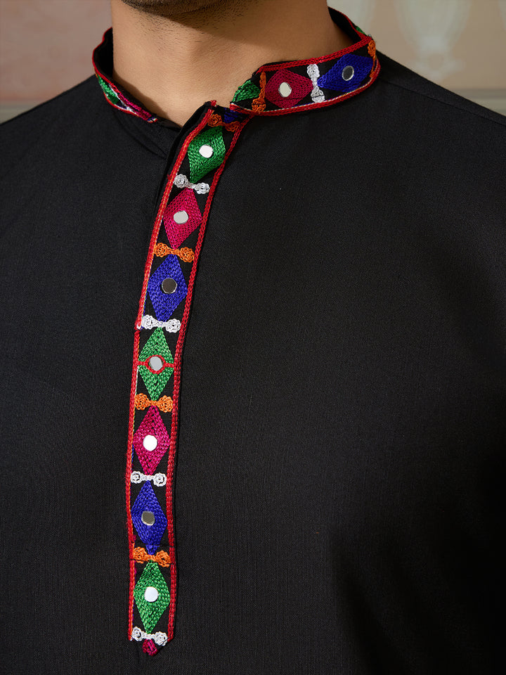 lack Cotton Silk Kurta for Men with Multi-Thread & Mirror Work – Festive & Wedding Wear