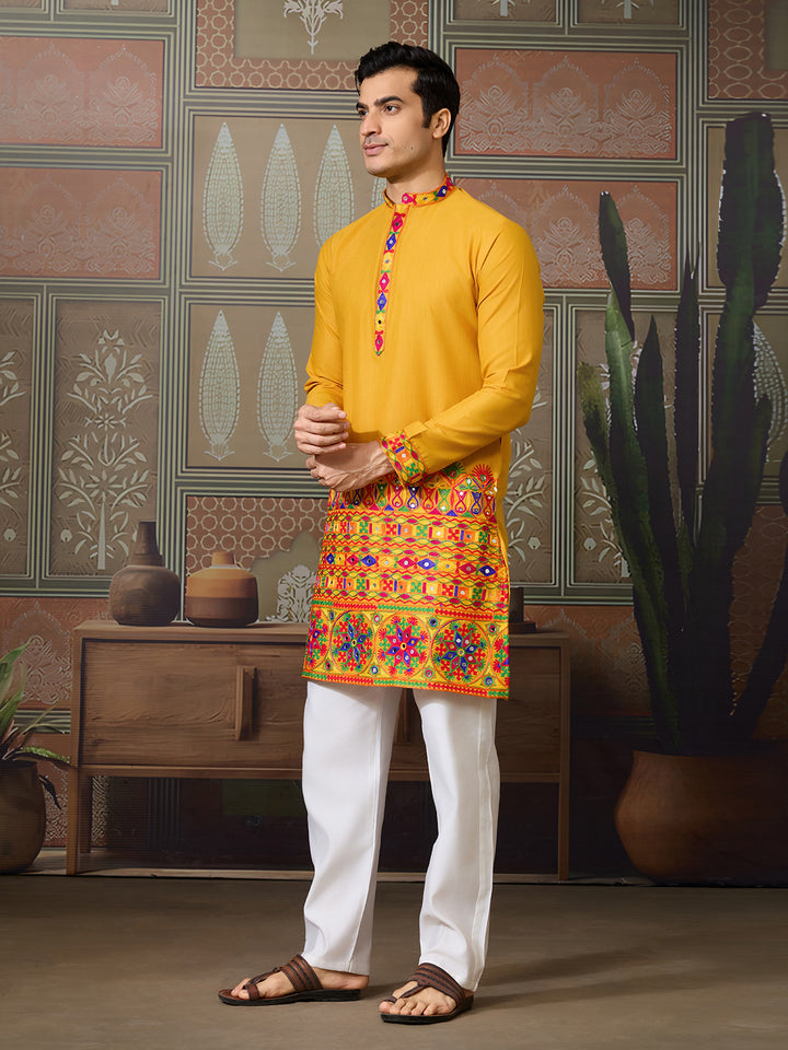 Yellow Cotton Silk Men’s Kurta with Multi-Thread & Mirror Work – Stylish Festive & Wedding Wear Outfit