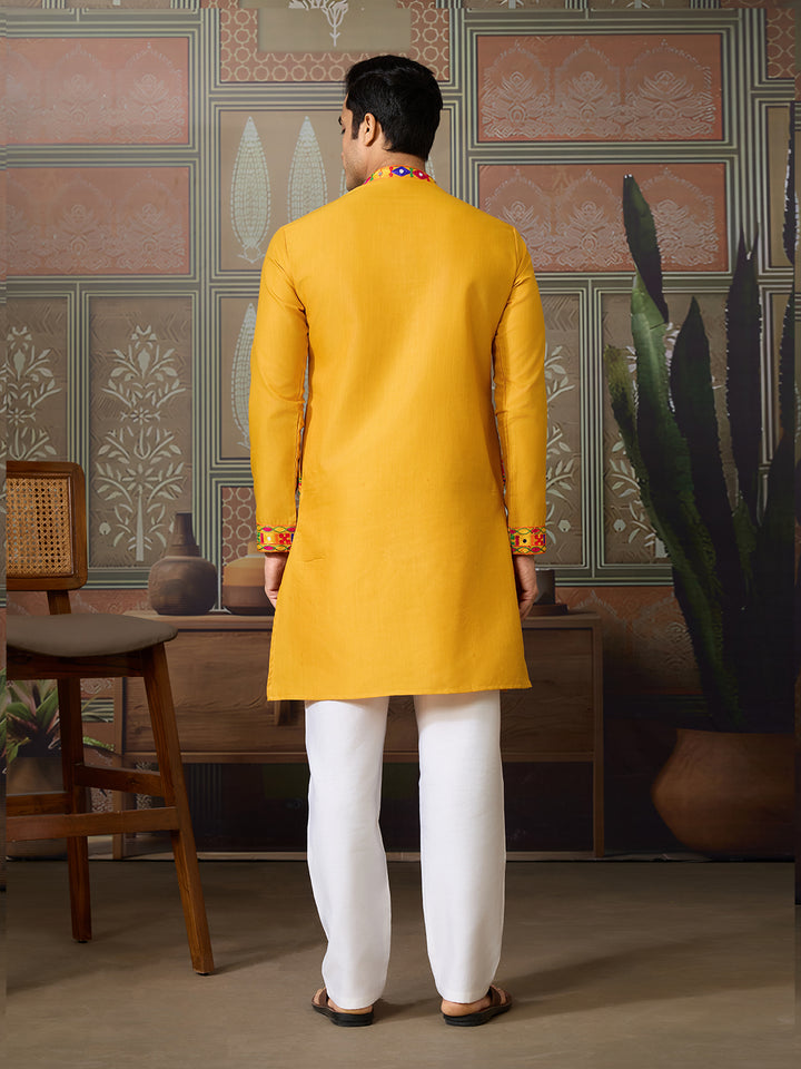 Yellow Cotton Silk Men’s Kurta with Multi-Thread & Mirror Work – Stylish Festive & Wedding Wear Outfit