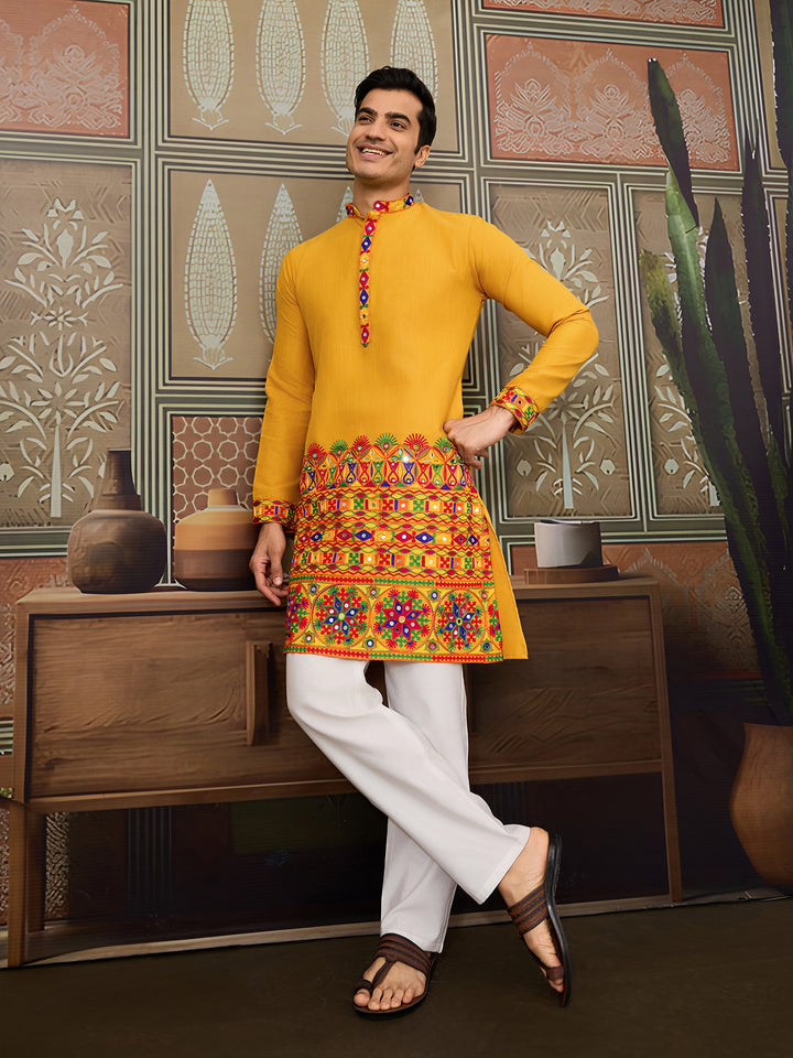 Yellow Cotton Silk Men’s Kurta with Multi-Thread & Mirror Work – Stylish Festive & Wedding Wear Outfit
