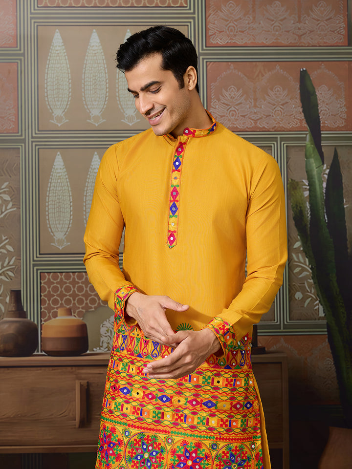 Yellow Cotton Silk Men’s Kurta with Multi-Thread & Mirror Work – Stylish Festive & Wedding Wear Outfit