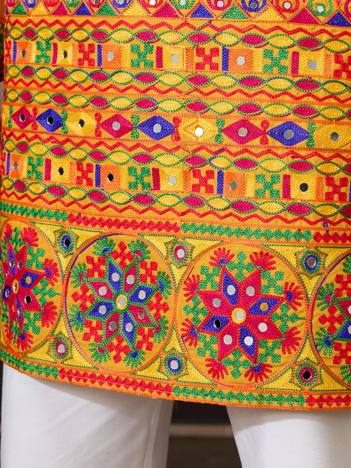 Yellow Cotton Silk Men’s Kurta with Multi-Thread & Mirror Work – Stylish Festive & Wedding Wear Outfit