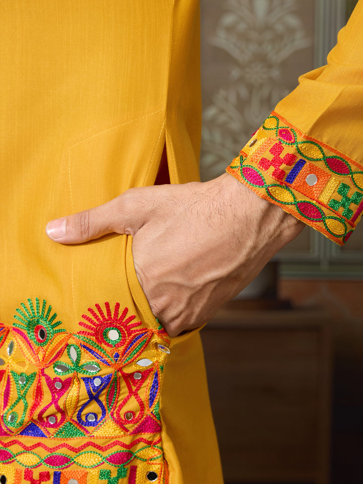 Yellow Cotton Silk Men’s Kurta with Multi-Thread & Mirror Work – Stylish Festive & Wedding Wear Outfit